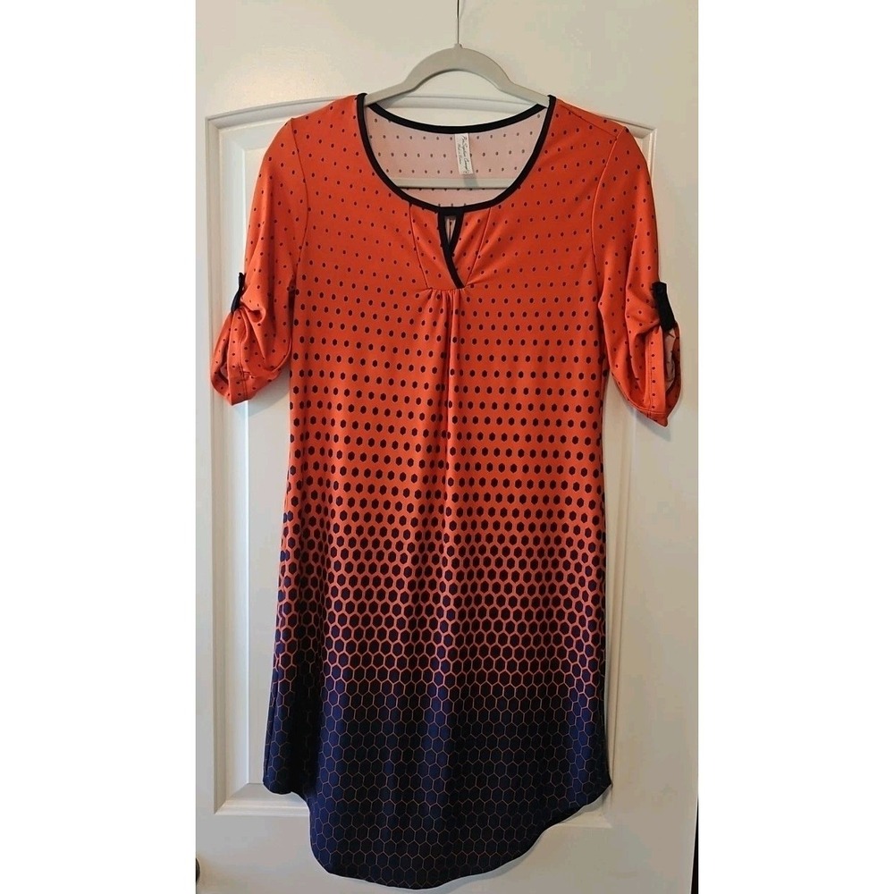 Orange Blue Geometric Honeycomb Shift Dress Knee Length Polka Dot Small